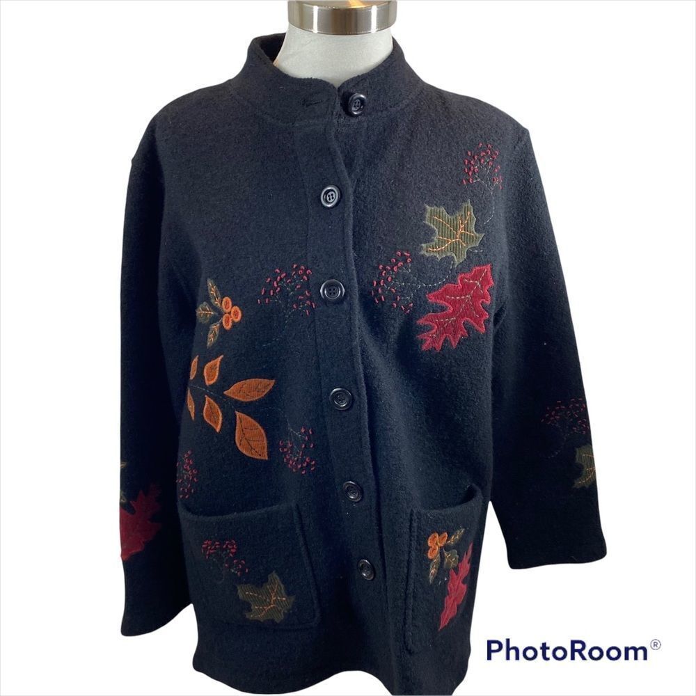 Vintage Nordic Design Brand‎ Black Button Up Fall Themed Wool Jacket Size Medium